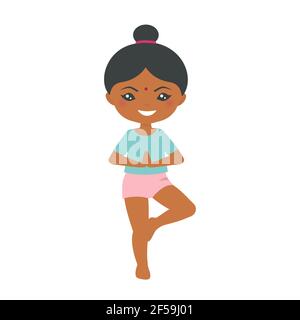 Adorable chibi indienne faisant du yoga sur fond blanc. Style dessin animé plat. Illustration vectorielle Banque D'Images