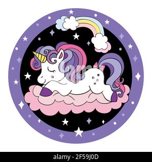 Mignon dessin animé bébé unicorn dormir sur un nuage. Forme de cercle d'illustration vectorielle sur fond noir. Pour fête, impression, douche de bébé, papier peint, design, Illustration de Vecteur