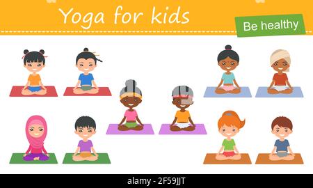 Yoga pour les enfants.ensemble de chibi mignons filles et garçons de différentes nationalités faisant du yoga. Style dessin animé plat. Illustration vectorielle Banque D'Images