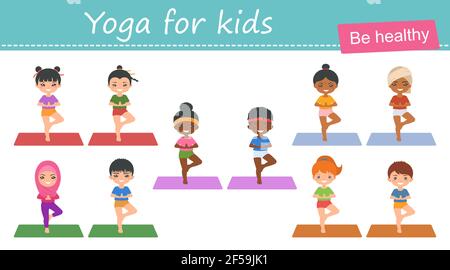 Yoga pour les enfants.ensemble de chibi mignons filles et garçons de différentes nationalités faisant du yoga. Style dessin animé plat. Illustration vectorielle Banque D'Images