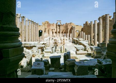 Basilique, jouxtant la dynastie forum, Leptis Magna, Libye Banque D'Images