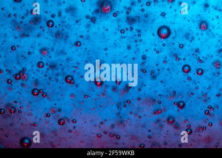 Grandes belles bulles d'oxygène sous l'eau sur un fond bleu macro. Mouvement des bulles d'oxygène dans un liquide à l'éclairage du studio Banque D'Images