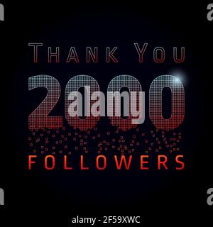 Merci 2000 abonnés pixels. Vector félicitant Merci carte colorée pour les amis réseau, pixels brillants. Deux mille aime le cel abstrait Illustration de Vecteur