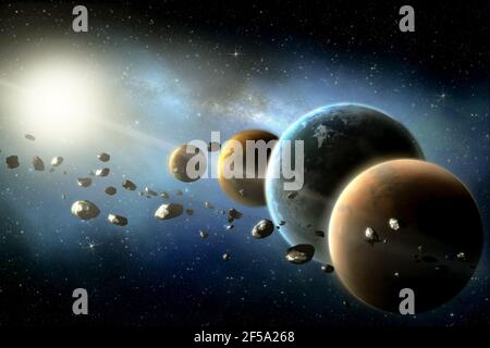 Des planètes entourant le soleil dans le système solaire avec des astéroïdes dans l'univers étoilé coloré éléments de cette image fournis par la NASA . Banque D'Images
