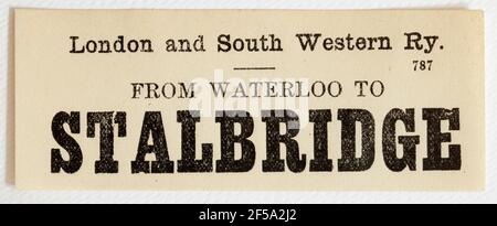 Vintage Midland & South Western Railway train Label - à partir de De London Waterloo à Stalbridge Banque D'Images