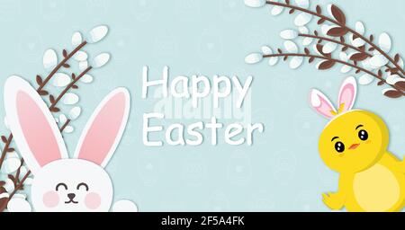 Bonne bannière Pâques. Mignon poulet et lapin coupé en papier. Illustration de Vecteur
