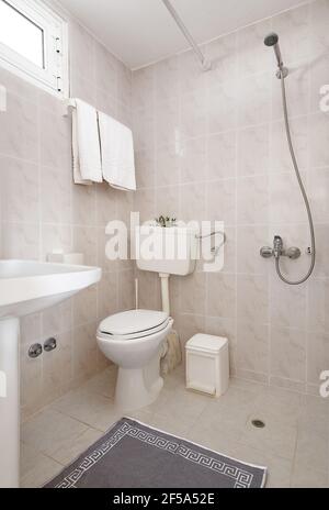 Intérieur de style simple de petite salle de bain avec murs en céramique beige, lavabo blanc, toilettes classiques, moquette d'ornement méandre grise, douche ouverte avec ou Banque D'Images