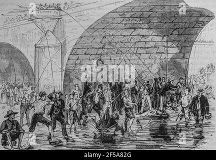 les pêcheurs à la ligne sous le pont neuf, l'univers illustrateur michel levy 1868 Banque D'Images