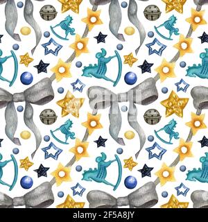 Motif de noël aquarelle sans couture avec décorations saintes Banque D'Images