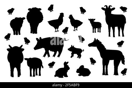Ensemble d'animaux de dessin animé à la ferme. Mouton, bélier, vache, taureau, veau, poulet, coq, chèvre mère et enfant, porc petit et grand, rabb Illustration de Vecteur
