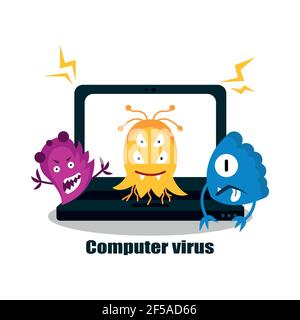 Un virus informatique attaque un ordinateur portable ou un ordinateur. Illustration vectorielle isolée sur fond blanc. Illustration de Vecteur