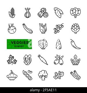 Plats végétariens. Légumes, légumes-minimum contour fin ensemble. La collection comprend des oignons, du maïs, des olives, du Chili, des courgettes, artichaut. Icône de ligne vectorielle Illustration de Vecteur