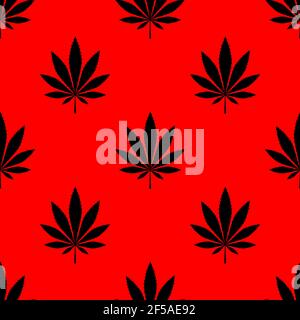 Illustration du vecteur de cannabis. Motif minimaliste sans couture. Papier d'emballage. Feuilles noires sur fond rouge Illustration de Vecteur