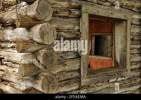 Détail d'un chalet abandonné en rondins dans les cabines modernes de John, un tribunal touristique longtemps fermé et abandonné sur l'ancienne route 66 près de Newburg, Missouri. Banque D'Images