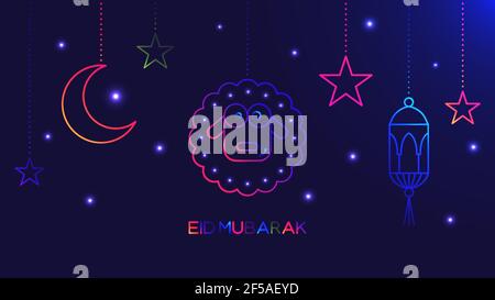 EID Mubarak abstrait fond lumineux avec des moutons, des étoiles, de la lune et une lanterne islamique aux couleurs fluo Illustration de Vecteur