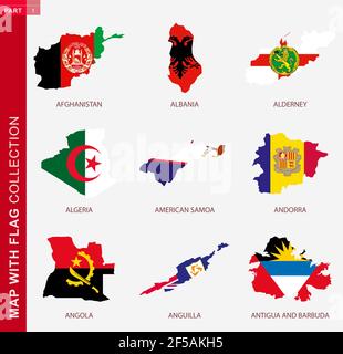 Carte avec collection de drapeaux, neuf cartes avec le drapeau de l'Afghanistan, de l'Albanie, d'Alderney, de l'Algérie, des Samoa américaines, Andorre, Angola, Anguilla, Antigua et Illustration de Vecteur