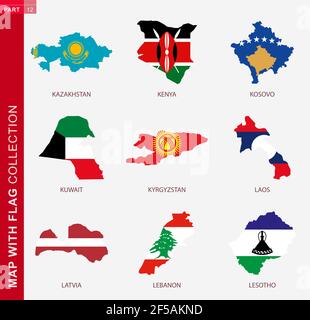 Carte avec collection de drapeaux, contour de neuf cartes avec drapeau du Kazakhstan, du Kenya, du Kosovo, du Koweït, du Kirghizistan, Laos, Lettonie, Liban, Lesotho Illustration de Vecteur