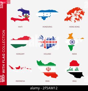 Carte avec collection de drapeaux, neuf contours de cartes avec drapeau d'Haïti, Honduras, Hong Kong, Hongrie, Islande, Inde, Indonésie, Iran, Irak Illustration de Vecteur