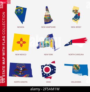 Cartes DE l'ÉTAT DES ÉTATS-UNIS avec collection de drapeaux, contour de la carte des neuf États-Unis avec drapeau du Nevada, du New Hampshire, du New Jersey, du Nouveau-Mexique, de New York, Caroline du Nord, Nord D. Illustration de Vecteur