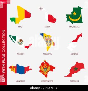 Carte avec collection de drapeaux, neuf cartes de contour avec drapeau du Mali, Malte, Mauritanie, Mexique, Moldavie, Monaco, Mongolie, Monténégro, Maroc Illustration de Vecteur