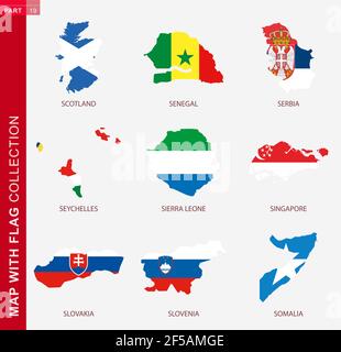 Carte avec collection de drapeaux, neuf cartes de contour avec drapeau de l'Ecosse, Sénégal, Serbie, Seychelles, Sierra Leone, Singapour, Slovaquie, Slovénie, Somalie Illustration de Vecteur