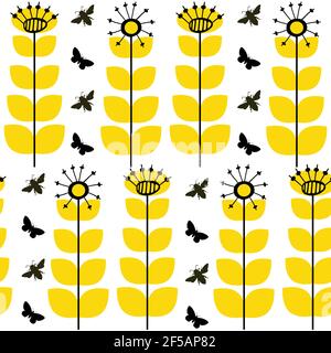 Résumé graine de pissenlit et abeilles miel sans couture vecteur motif arrière-plan.stylisé mélange d'art populaire de fleurs herbacées et d'insectes blanc jaune noir Illustration de Vecteur