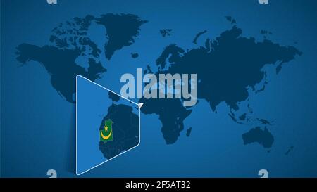 Carte détaillée du monde avec carte agrandie de la Mauritanie et des pays voisins. Drapeau et carte de Mauritanie. Illustration de Vecteur