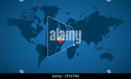 Carte détaillée du monde avec carte agrandie épinglée de l'Éthiopie et des pays voisins. Drapeau et carte de l'Éthiopie. Illustration de Vecteur