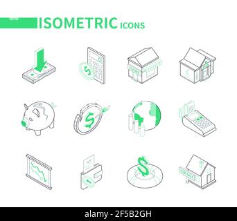 Crise économique - icônes isométriques modernes. Faillite, questions financières et de logement, inflation, baisse des idées de revenus. Boutique fermée, maison pour s Illustration de Vecteur