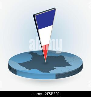 Carte de France en forme de rond isométrique avec drapeau triangulé 3D de la France, carte vectorielle en bleu. Illustration de Vecteur