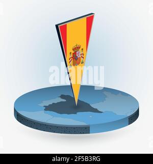 Carte d'Espagne en forme de rond isométrique avec drapeau triangulé 3D de l'Espagne, carte vectorielle en bleu. Illustration de Vecteur