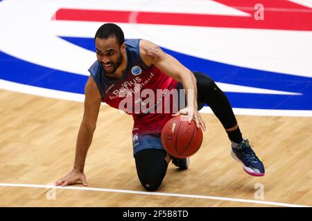 DEN Bosch, PAYS-BAS - MARS 25: Jabril Durham de Belfius Mons-Hainaut pendant le match de la coupe d'Europe de la FIBA entre Belfius Mons-Hainaut et Arged BMSLAM Banque D'Images