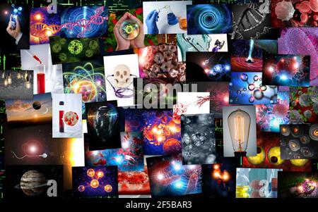Un gigantesque collage d'enseignement des sciences avec des images de biologie chimique et de physique Banque D'Images