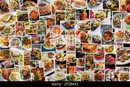 Plats de fruits de mer populaires du monde entier dans un énorme collage Banque D'Images