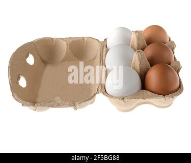 Oeufs de poulet dans un plateau jetable en papier, en quantité de six morceaux, sur un fond blanc en isolement Banque D'Images