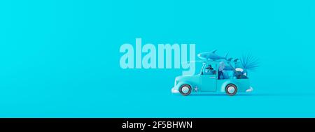 Voiture bleue avec bagages et accessoires de plage sur fond bleu pastel. Idée de concept été minimaliste avec espace de copie 3D Render illustration 3D Banque D'Images