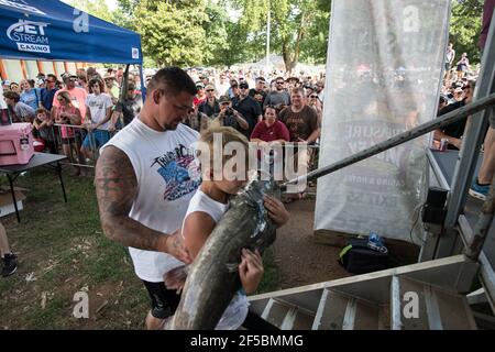 Un nouiller triomphant expose fièrement son poisson-chat à une foule enthousiaste lors du tournoi annuel Okie Noodling à Paul's Valley, Oklahoma. Banque D'Images