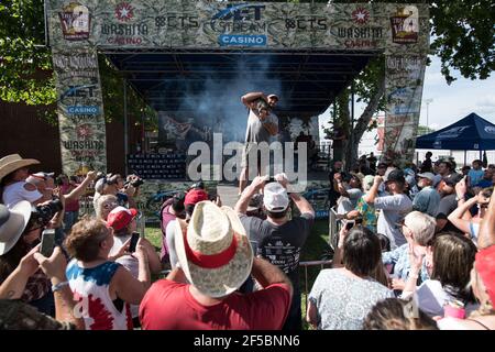 Un nouiller triomphant expose fièrement son poisson-chat à une foule enthousiaste lors du tournoi annuel Okie Noodling à Paul's Valley, Oklahoma. Banque D'Images