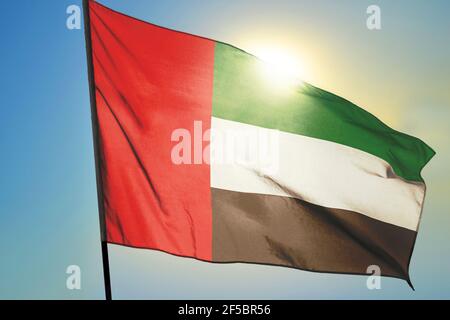 Drapeau des Émirats arabes Unis agitant sur le vent en face du soleil Banque D'Images