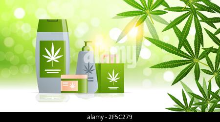 cannabis médical cannabis emballage bio chanvre étiquette de produit logo vert plan horizontal du concept d'exploitation Illustration de Vecteur