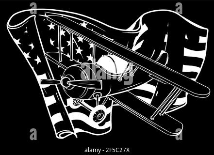 Silhouette blanche d'avion avec drapeau américain sur fond noir Illustration de Vecteur