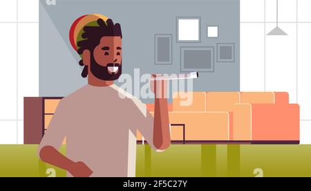 un gars afro-américain fume du cannabis marijuana concept de consommation conjointe de drogues salon moderne intérieur portrait horizontal Illustration de Vecteur