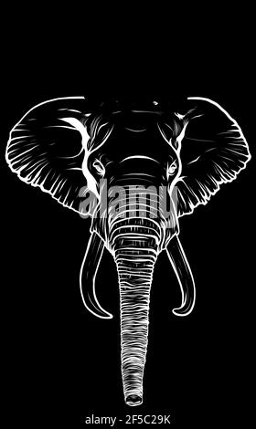 silhouette blanche de la tête éléphant roi animal sur fond noir Illustration de Vecteur