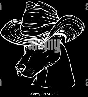 Silhouette blanche du visage de chien Dobermann avec chapeau sur fond noir arrière-plan Illustration de Vecteur