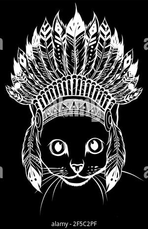 Silhouette blanche de la tête chat avec chapeau indien vecteur Illustration de Vecteur