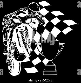 Silhouette blanche de Riders sur moto de sport avec coupe et drapeau de course Illustration de Vecteur