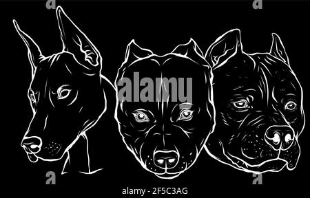 Silhouette blanche de têtes de chiens Pitbull dobermann bulldog vector Illustration de Vecteur