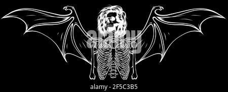 silhouette blanche du squelette humain avec illustration vectorielle des ailes de chauve-souris Illustration de Vecteur