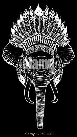 Silhouette blanche de la tête d'éléphant avec la coiffe du chef indien américain. Illustration de Vecteur