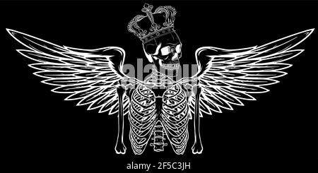 silhouette blanche vectorielle de squelette d'ange avec aile et couronne Illustration de Vecteur